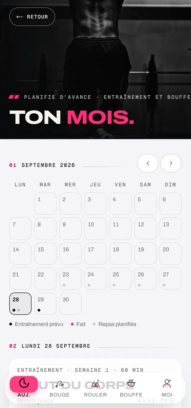 Le calendrier des séances et des repas dans l’app FORGE