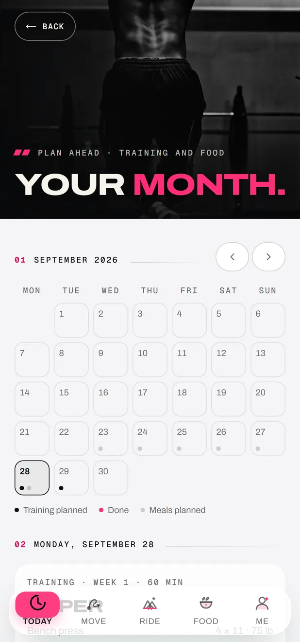 The calendar of planned sessions and meals