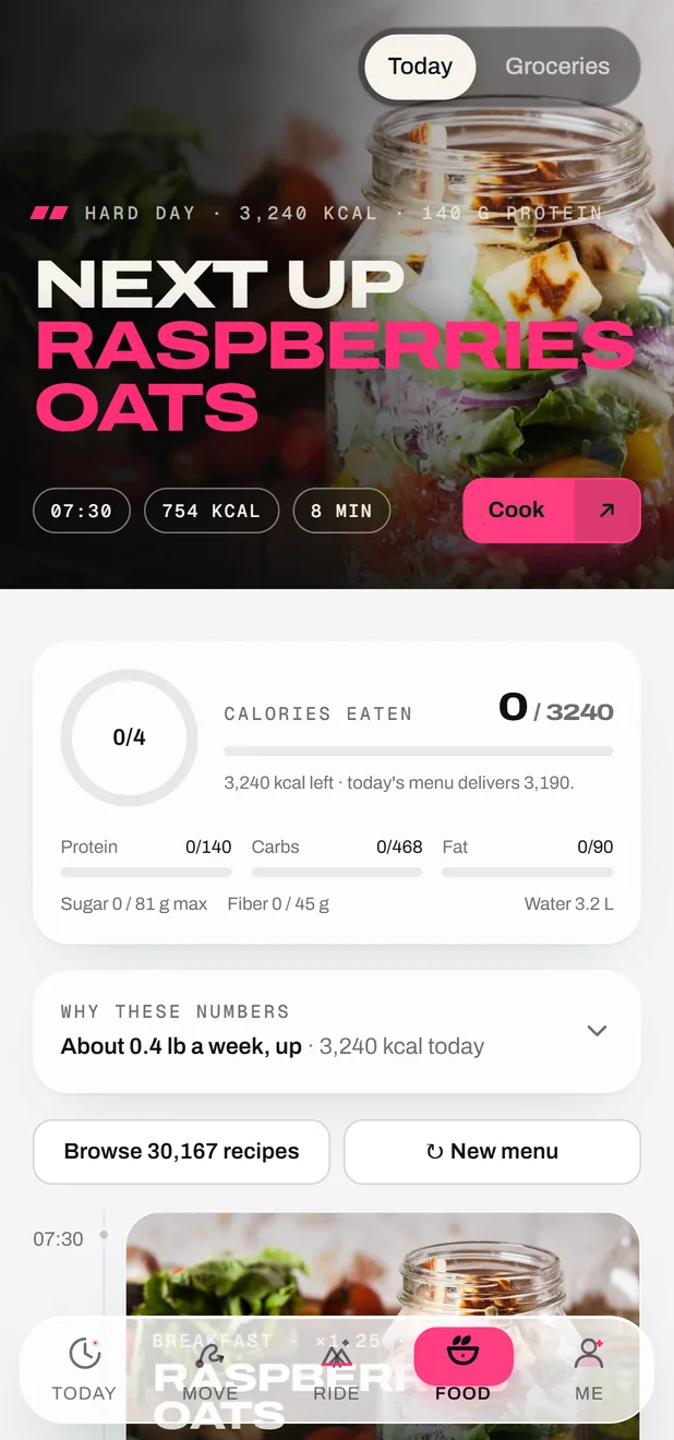 L’écran Bouffe de l’app FORGE : les repas du jour et les macros