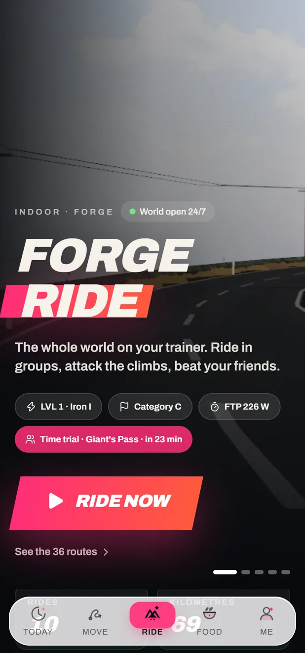 The Ride tab of the FORGE app, which opens the game