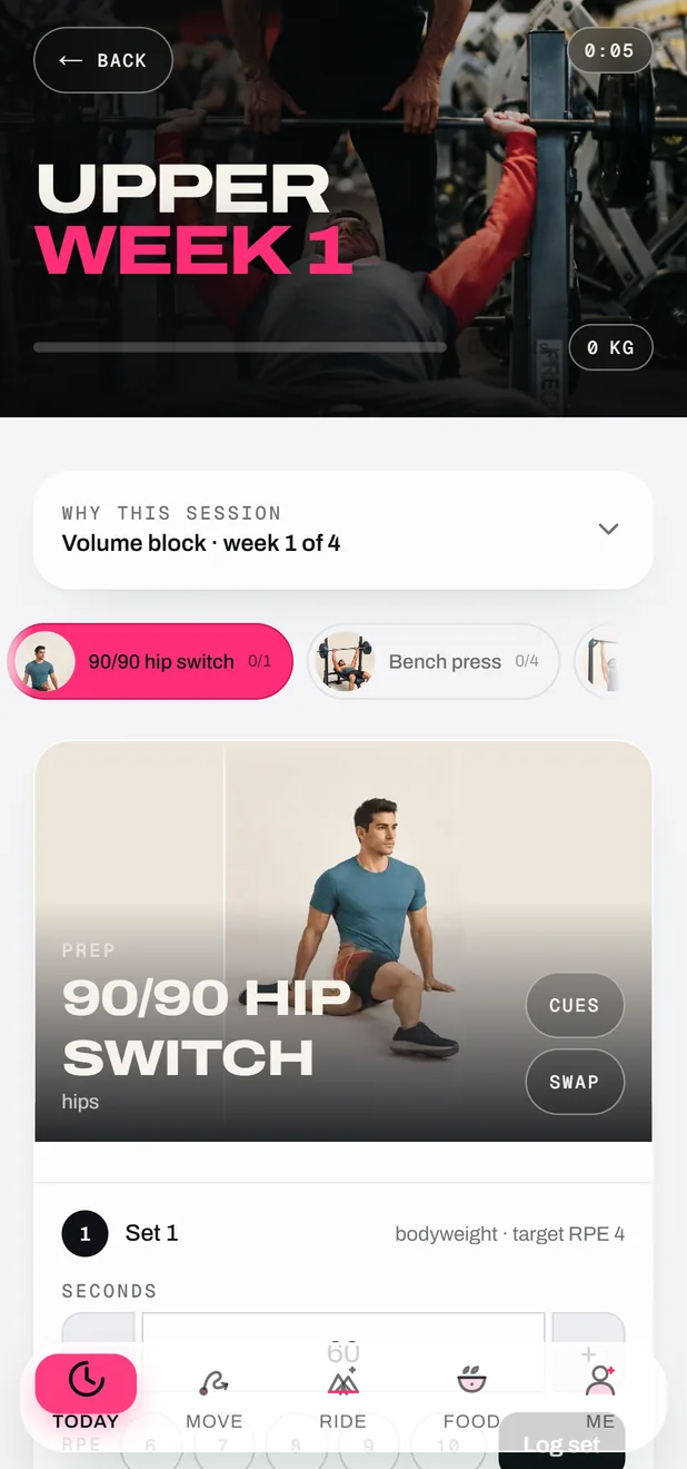 Une séance dans l’app FORGE : exercices, séries et effort cible