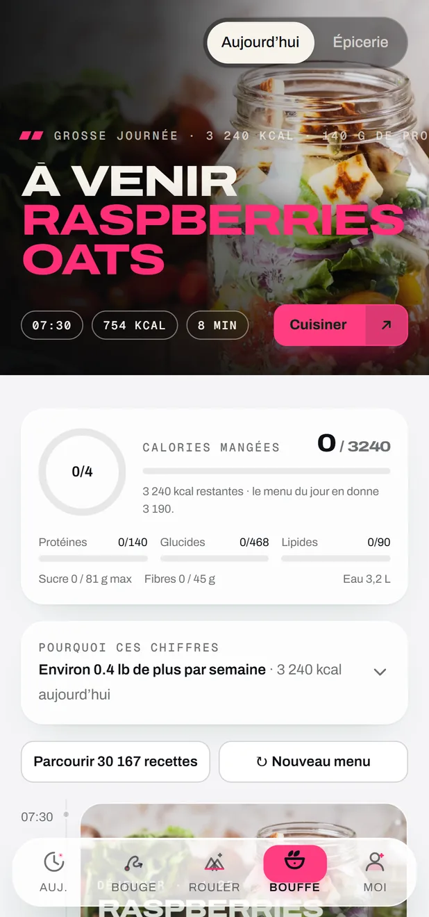 L’écran Bouffe de l’app FORGE : les repas du jour et les macros