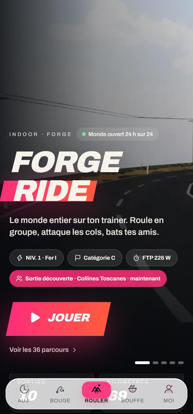 L’onglet Rouler de l’app FORGE, qui ouvre FORGE Ride