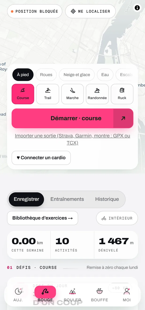 L’onglet Bouge de l’app FORGE sur un téléphone Android