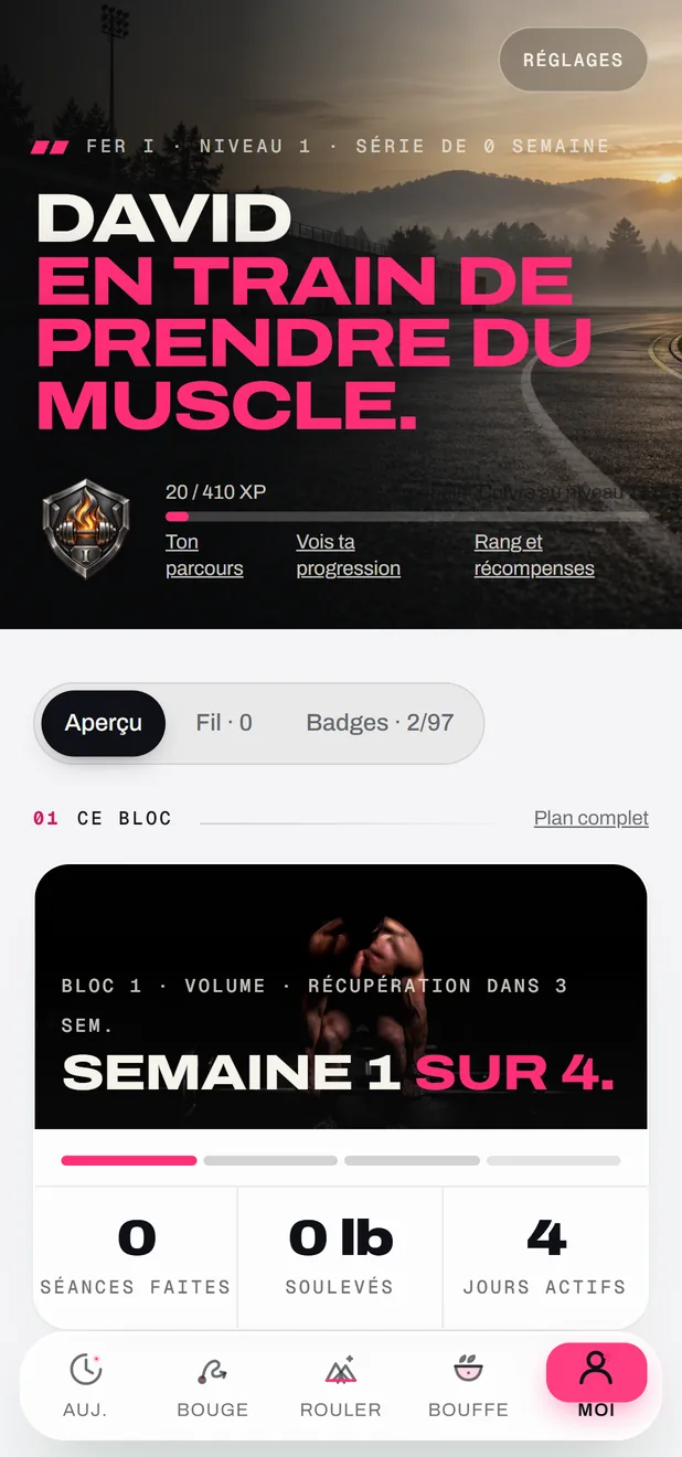 L’onglet Moi dans l’app : ton rang, ta barre d’XP et l’onglet Badges