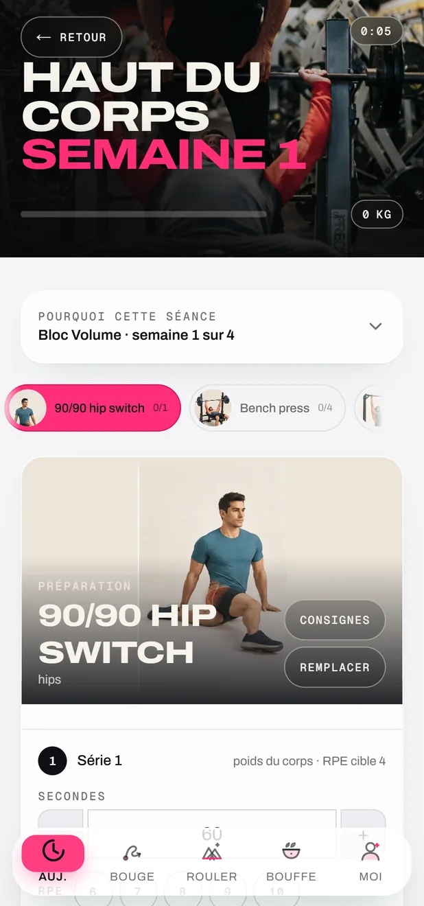 Une séance dans l’app FORGE : exercices, séries et effort cible