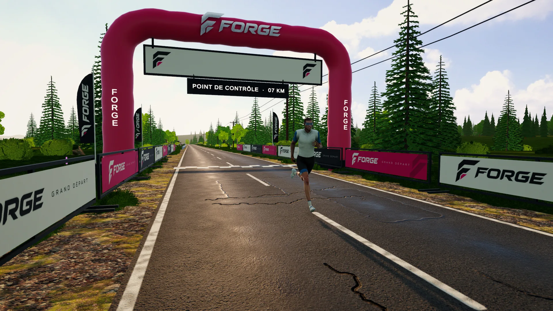 Le coureur de FORGE Run sous une arche FORGE dans Charlevoix