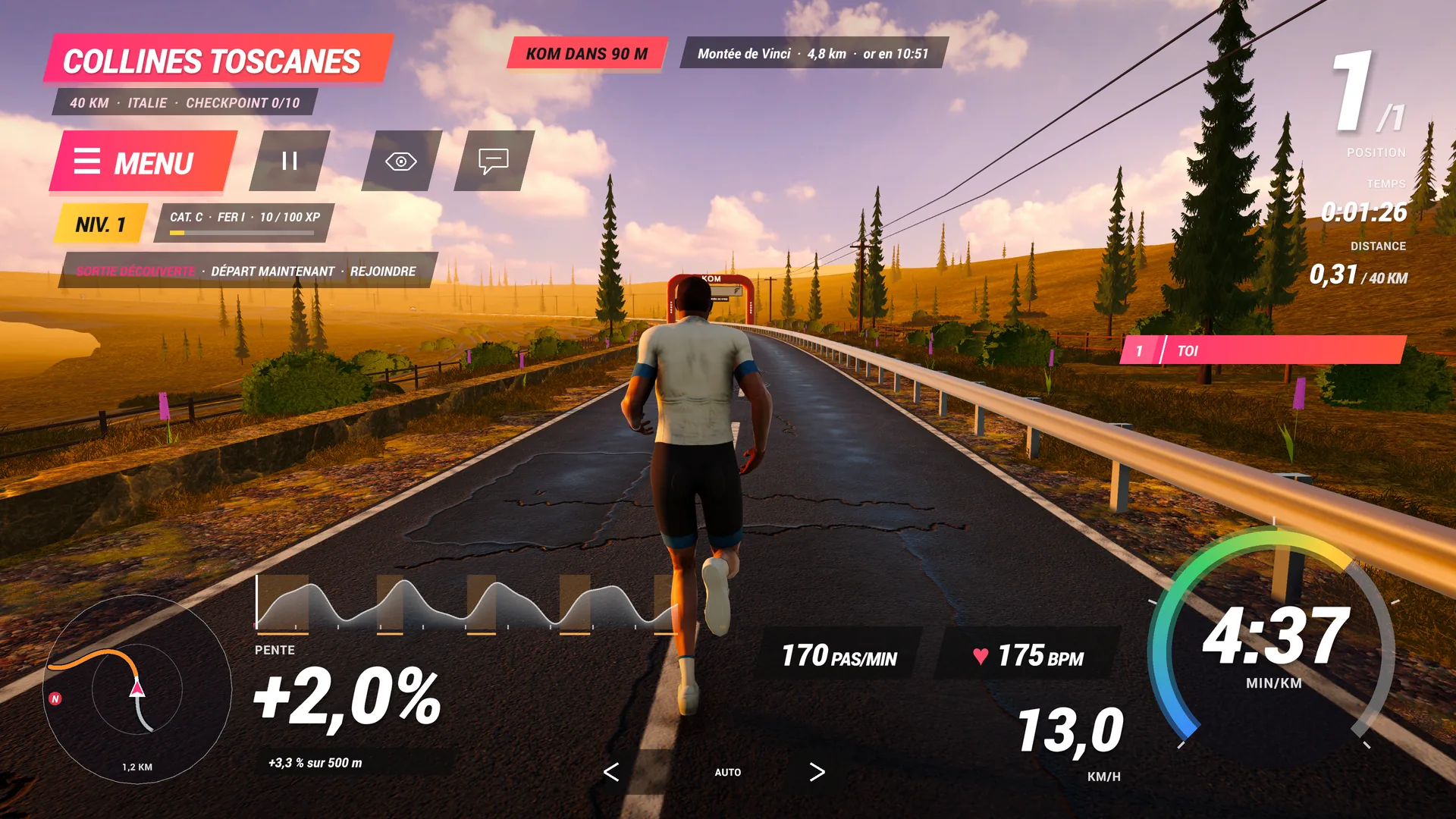 Le coureur de FORGE Run dans les collines toscanes, 4:37 min/km à l’écran