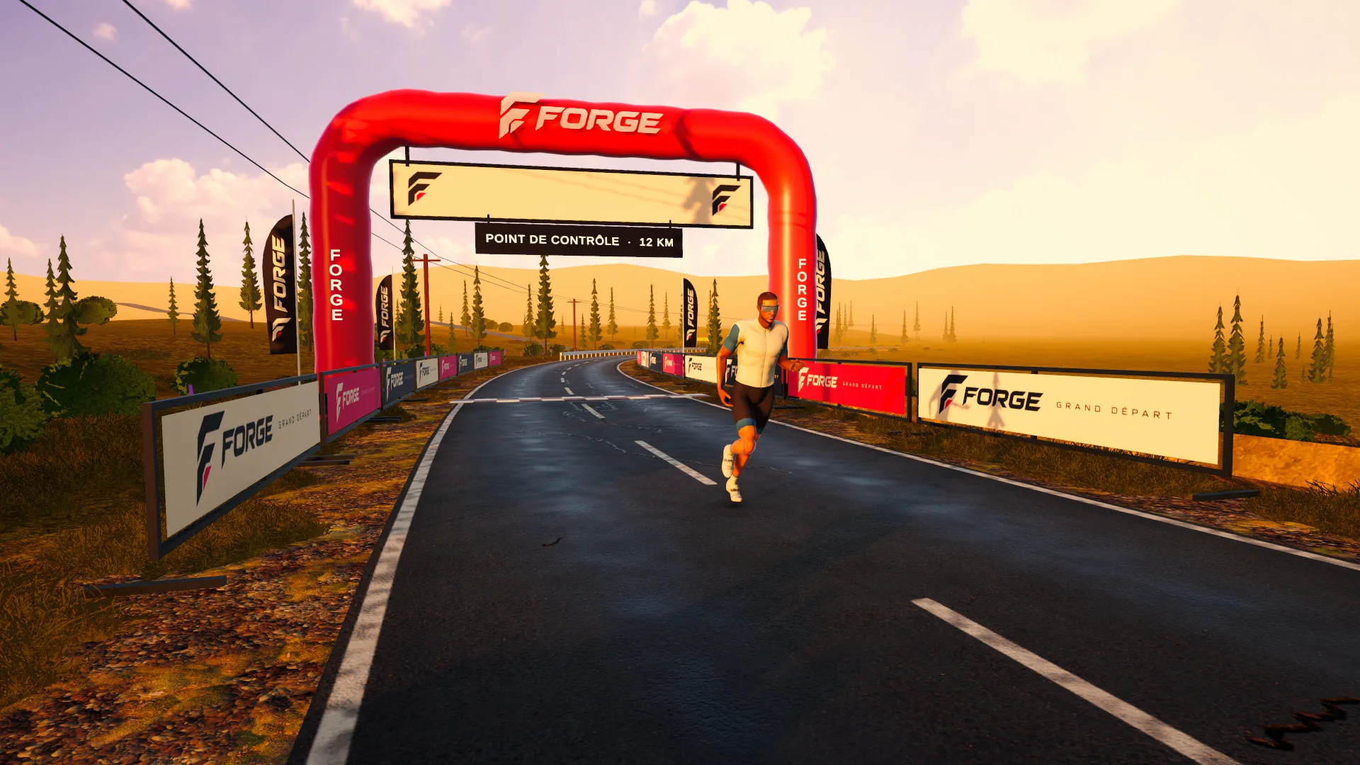 Le coureur de FORGE Run sous une arche FORGE dans les collines toscanes