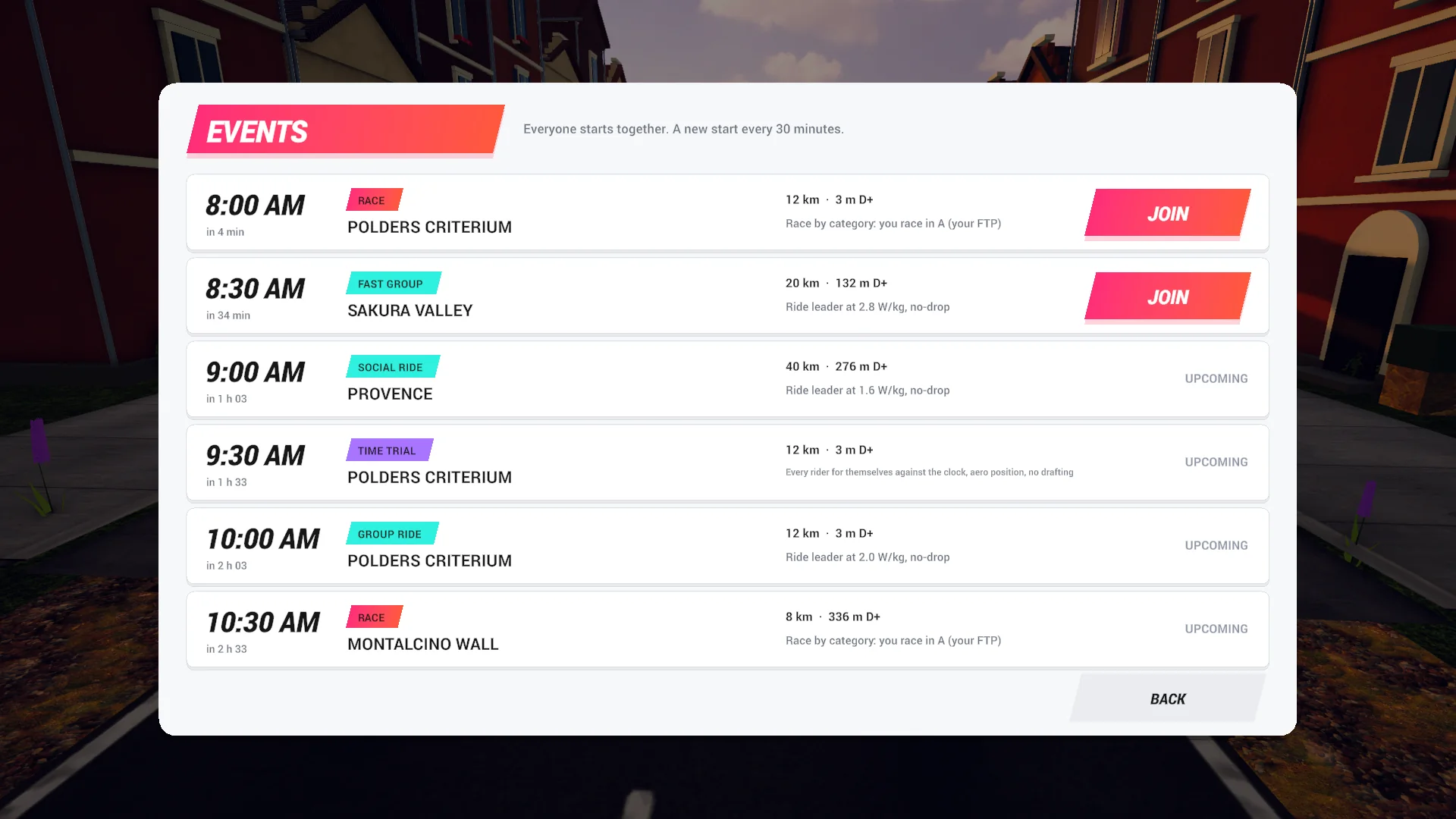 The FORGE Ride events board: race, group ride, discovery ride, time trial, a start every 30 minutes