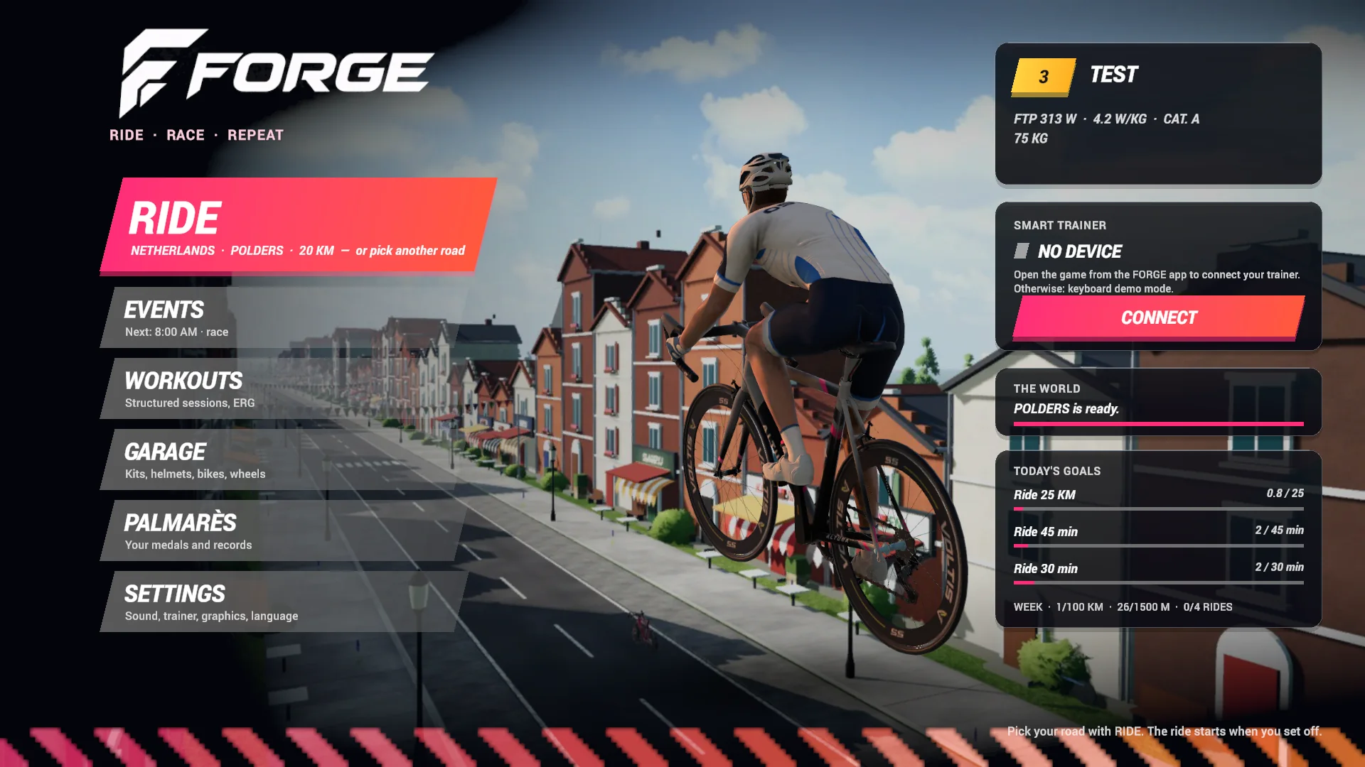 The FORGE Ride home menu on PC: Ride, Events, Workouts, Garage, Palmarès, Settings