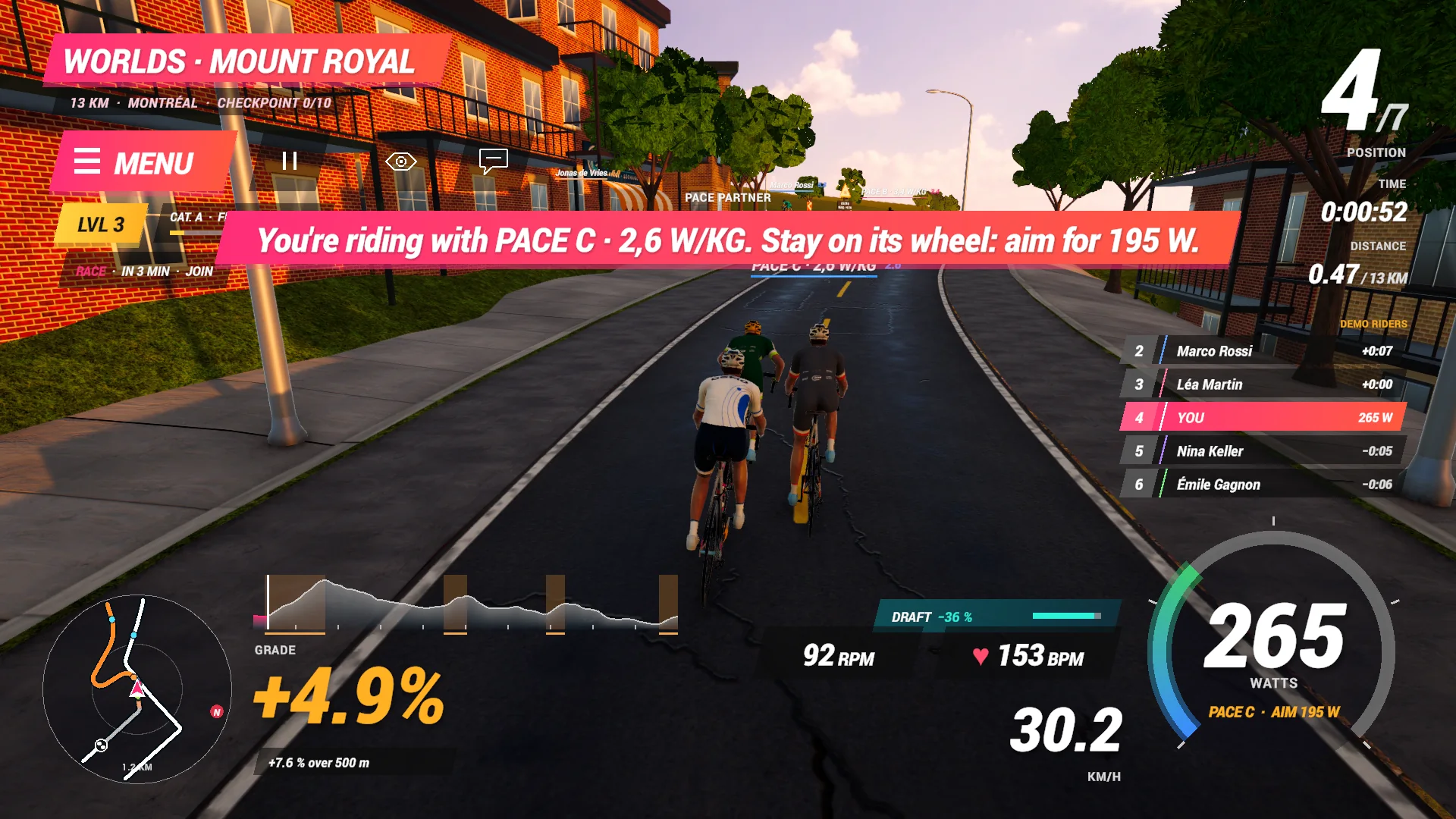 The FORGE Ride riding screen on Mount Royal: power, grade, map and positions