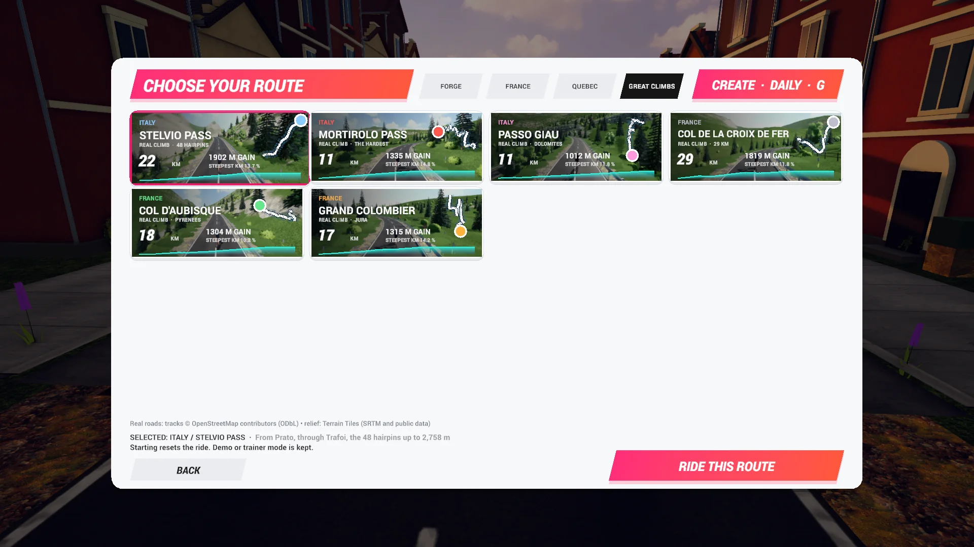 The game’s Great Climbs tab: Stelvio, Mortirolo, Giau, Croix de Fer, Aubisque, Grand Colombier
