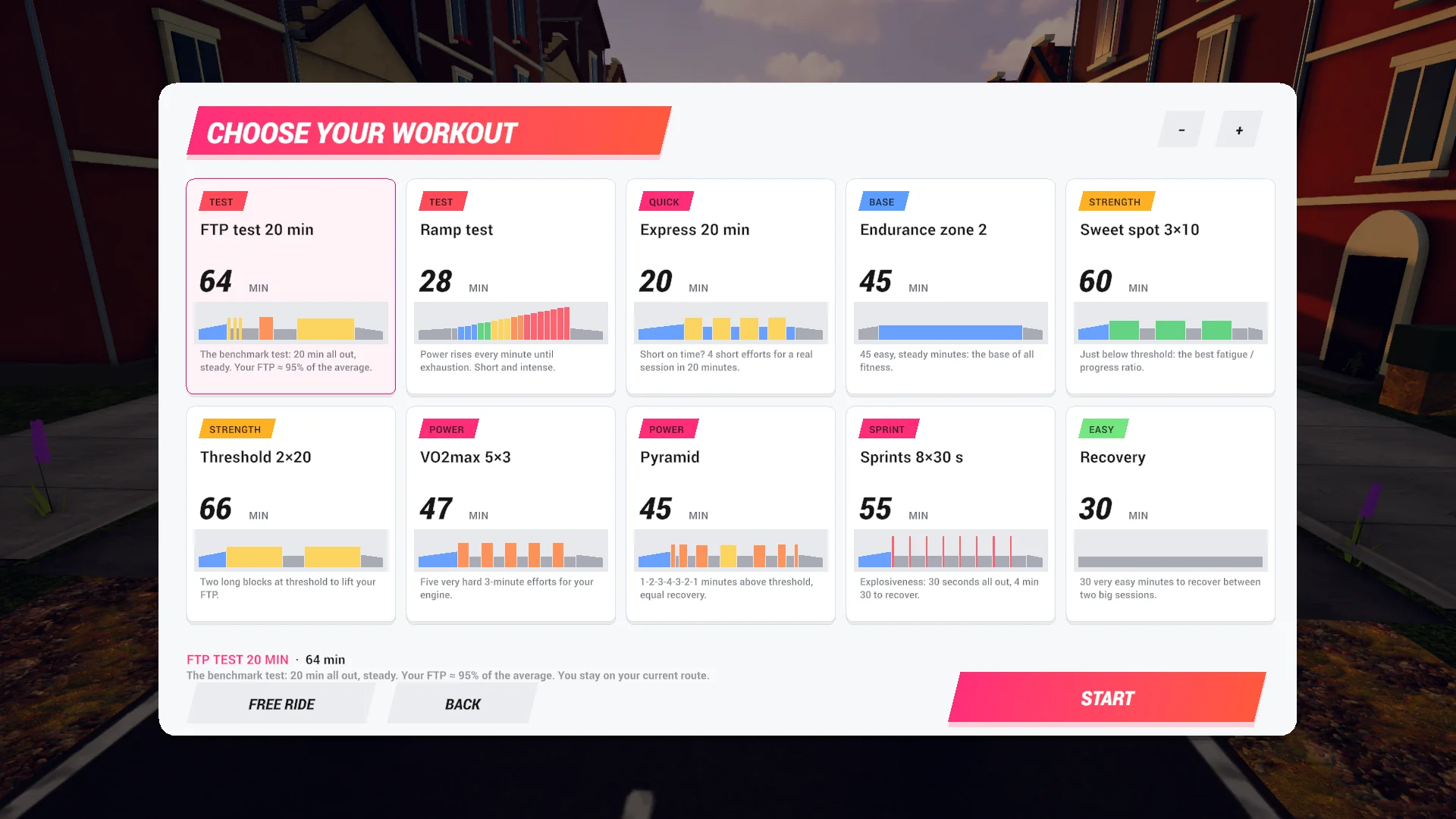 The workout picker in FORGE Ride: FTP test, ramp test, sweet spot, VO2max, pyramid, sprints, with each session’s chart