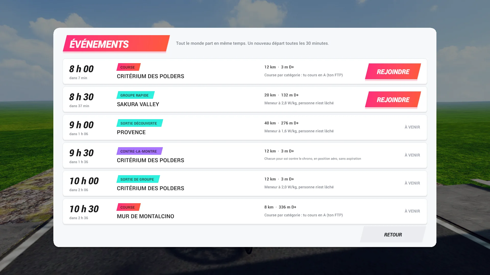 Le tableau des événements de FORGE Ride : course, sortie de groupe, sortie découverte, contre-la-montre, un départ toutes les 30 minutes