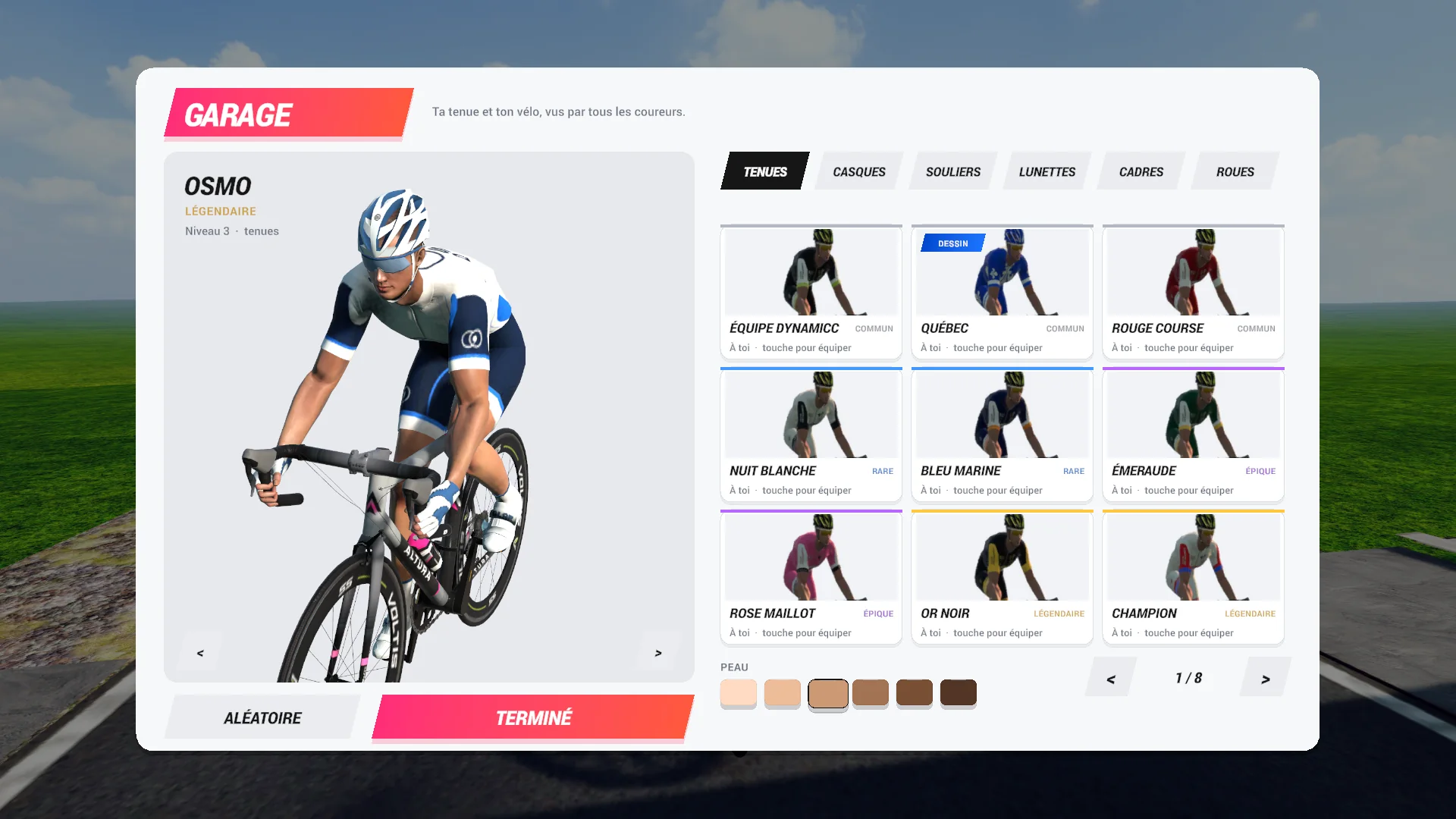 Le garage dans FORGE Ride : ton cycliste en aperçu, et la grille des tenues, casques, souliers, lunettes, cadres et roues